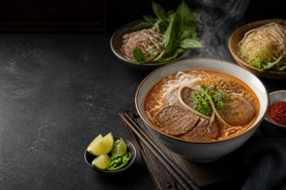 Bún bò Huế with a richly spiced broth