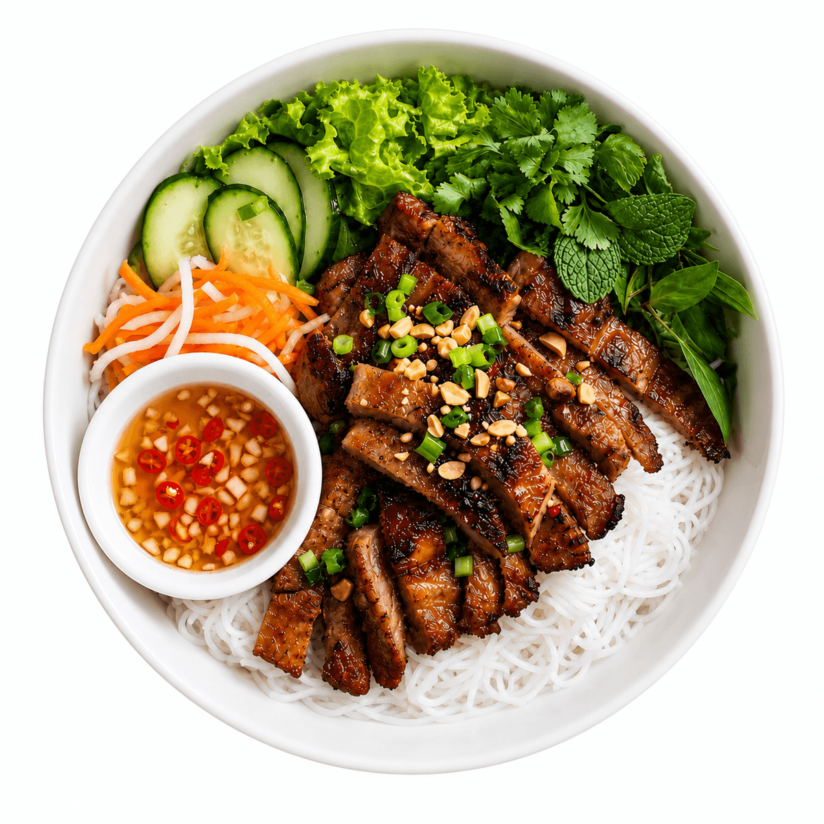 Bún thịt nướng with grilled pork, rice noodles, herbs, and nước chấm