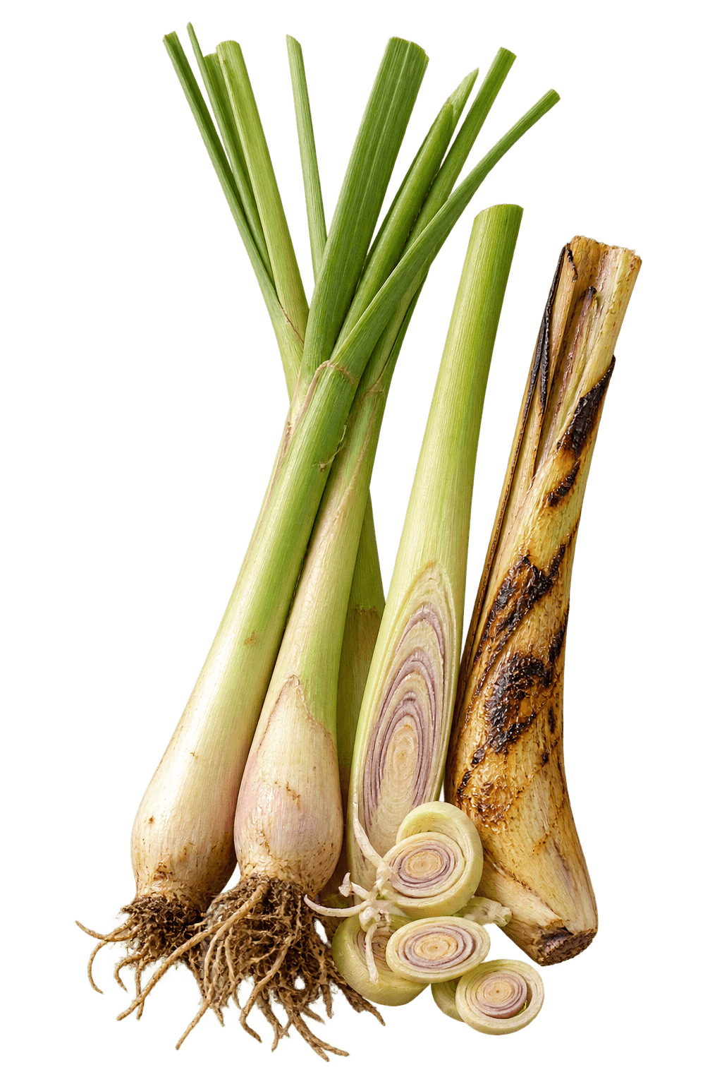 Fresh, sliced, and charred lemongrass